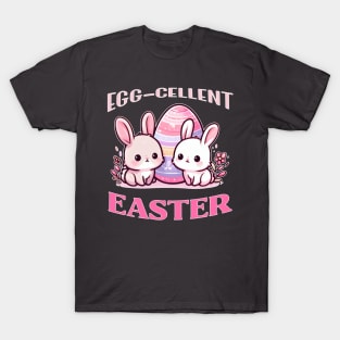 Egg-cellent Easter Harmony: Pink, White, and Blue Bunny Bliss T-Shirt